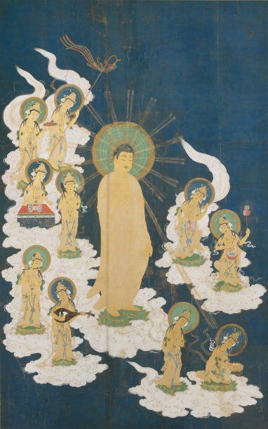 null Peinture en hauteur, encre et polychromie, représentant bouddha debout accompagné...