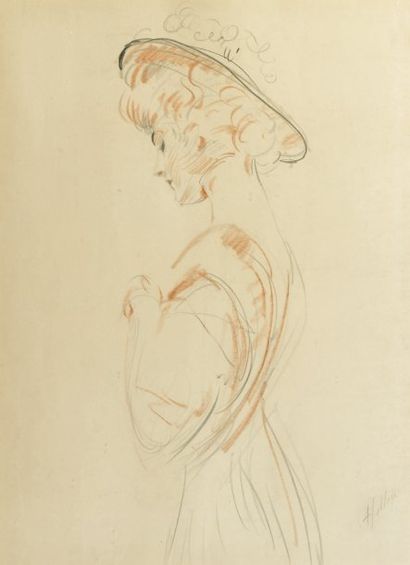 Paul-César HELLEU (1859-1927) Femme de profil Dessin au fusain et à la sanguine,...