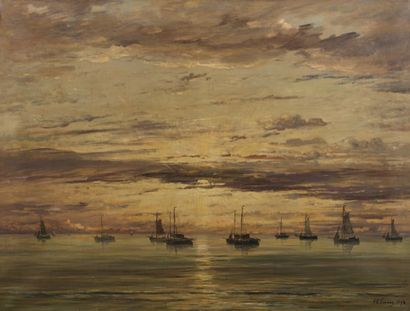 Hendrik Willem MESDAG (1831-1915) Soleil couchant sur les bateaux de pêche, 1894...