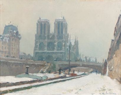Albert LEBOURG (1849-1928) Notre-Dame de Paris sous la neige Huile sur toile, signée...
