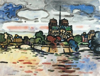 Guy CHARON (né en 1927) Paris, la Seine au chevet de Notre-Dame Aquarelle gouachée,...