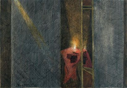 Jean BERTHOLLE (1909-1996) La nappe rouge, 1982 Aquarelle sur traits d'encre, signée...