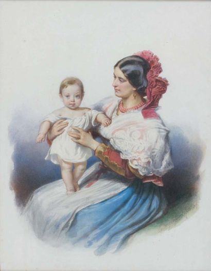 Ludwig passini (1832-1903) Jeune italienne tenant son enfant aquarelle, gouache,...