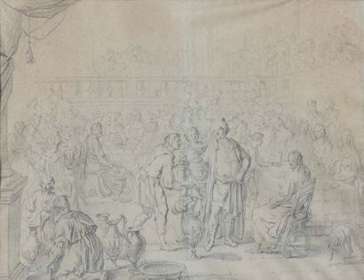 Ecole française du XVIIIe siècle Les Noces de cana Dessin au crayon. 38,5 x 52 c...