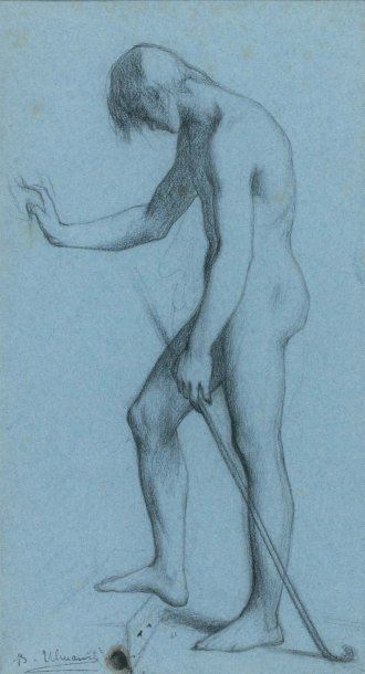 Benjamin ulmann (1829-1884) Etude de jeune berger fusain sur papier bleu. (tâche)....