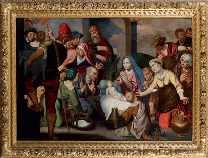 Ecole flamande du XVIIe siècle L'adoration des bergers huile sur panneau, parqueté....
