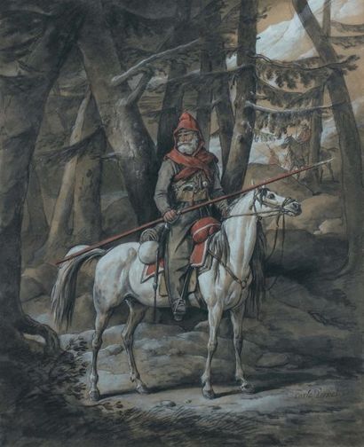 Carle vernet (1758-1836) Cavalier dans les bois crayon, rehauts de blanc, aquarelle...