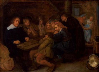 Ecole hollanDaise du XVIIe siècle Le musicien à la taverne huile sur panneau parqueté....