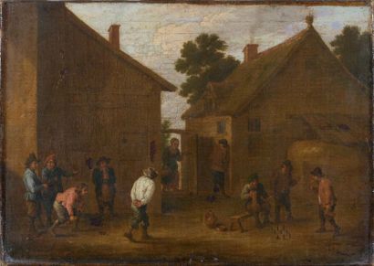 Ecole flamande du XVIIIe siècle Les joueurs de boules, d'après Teniers huile sur...
