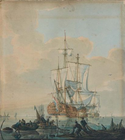 Ecole hollanDaise du XVIIIe siècle Marine aquarelle. (petites taches). 32,4 x 27,8...