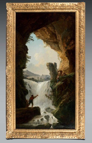 Hubert robert (1733-1808) Groupe de personnages devant une cascade vue depuis une... Gazette Drouot