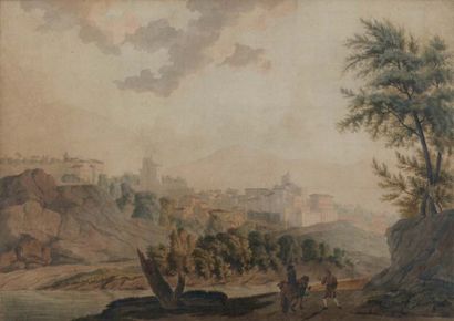 Ecole italienne de la fin du XVIIIe Siècle vue d'une ville italienne aquarelle. 39,5...