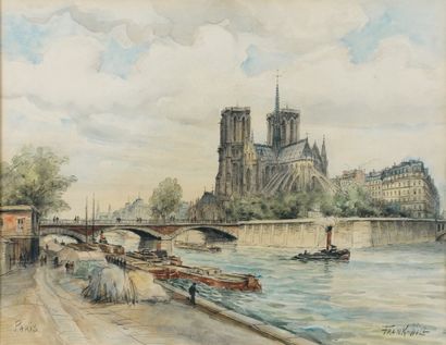 FRANK-WILL (1900-1951) Paris, la Seine au chevet de Notre-Dame Aquarelle signée en...