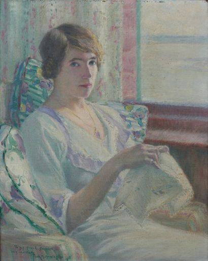 Frank Milton ARMINGTON (1876-1941) Femme à sa broderie, 1915 Huile sur toile, signée,...