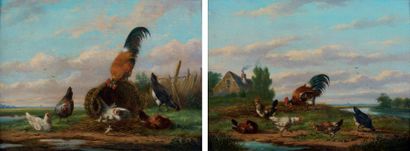 Franz Van Severdonck (1809-1889) Poules dans un paysage Deux huiles sur panneau formant...