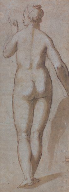 École Flamande Du XVIIe Siècle Nu féminin, de dos Plume, lavis. 28 x 10,5 cm