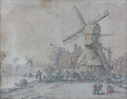 École Hollandaise Du XVIIe Siècle Paysage au moulin Pierre noire, aquarelle. Monogrammée...