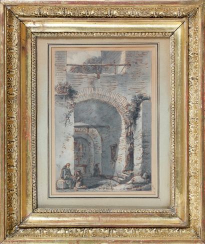 Jean-Victor Nicolle (1754-1826) Moines dans des ruines romaines Plume, lavis. 17,8...