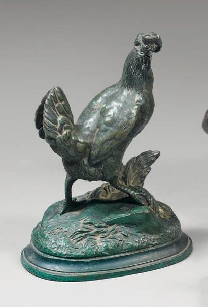Jules MOIGNIEZ (1835-1894) Coq sur un tertre Bronze à patine verte, signé. Fonte...