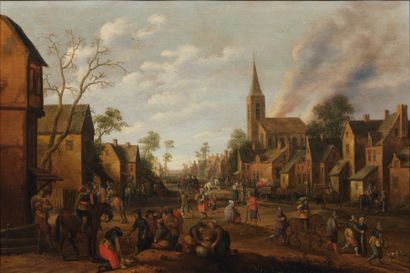 Joost Cornelisz DROOCHSLOOT (1586-1666) Vue d'une place de village animée de personnages...