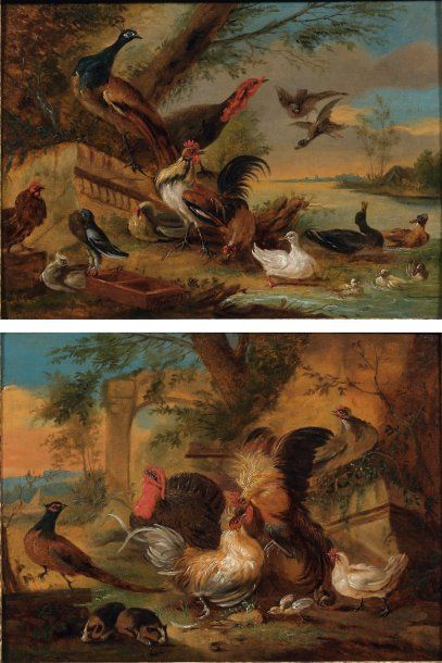 Adriaen de GRYEFF (1657-1715) Oiseaux de basse-cour dans un paysage Deux huiles sur...