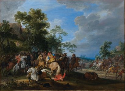 Adam-Frans van der MEULEN (1632-1690) Choc de cavalerie Huile sur toile, rentoilée,...