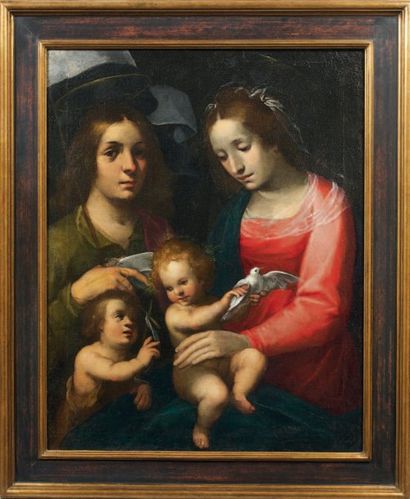 ÉCOLE ITALIENNE du XVIIe siècle La Vierge, l'Enfant Jésus, saint Jean Baptiste et...