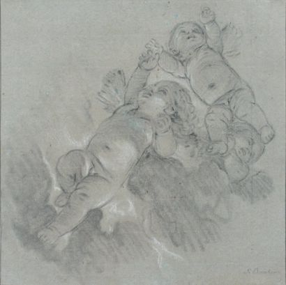 François BOUCHER (1703-1770) Trois angelots Pierre noire, rehauts de blanc sur papier...