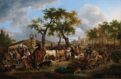 Jean-Louis DEMARNE (1752-1829) Une foire au village Huile sur toile, signée en bas...