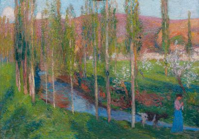 Henri MARTIN (1860-1943) La Vallée du Vert, la chevrière Huile sur toile, signée...
