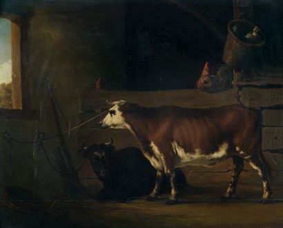 ÉCOLE FLAMANDE du XVIIIe siècle Deux vaches à l'étable huile sur panneau, renforcé....