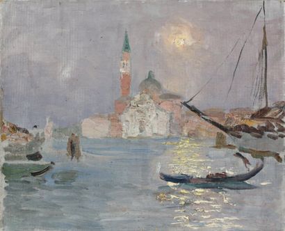 Luigi MORETTI (1884-1950) Venise, Saint Georges le soir huile sur toile. 33 x 41...