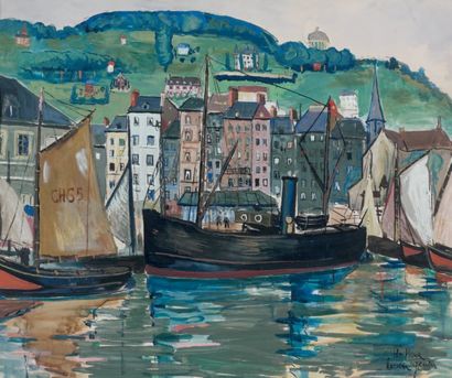 Lucien GENIN (1894-1958) Honfleur, le port Gouache, signée et située en bas à droite....