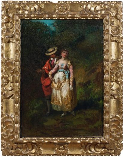 Eugenio Lucas VELASQUEZ (1817-1870) Couple de majos huile sur toile, rentoilée. 60...