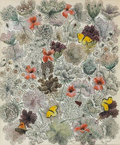 DOM ROBERT de CHAUNAC (1907-1997) Fleurs et papillons, 1973 Encre et aquarelle, signée...