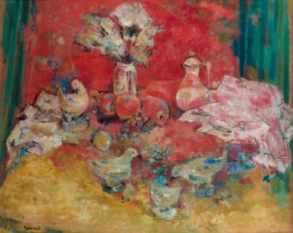 Geneviève GAVREL (née en 1909) Les oiseaux de porcelaine huile sur toile, signée...