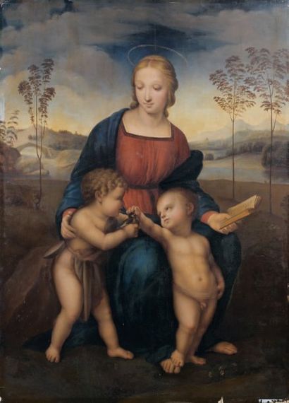 ÉCOLE ITALIENNE du XIXe siècle La Vierge, l'Enfant Jésus et Saint Jean Baptiste d'après...