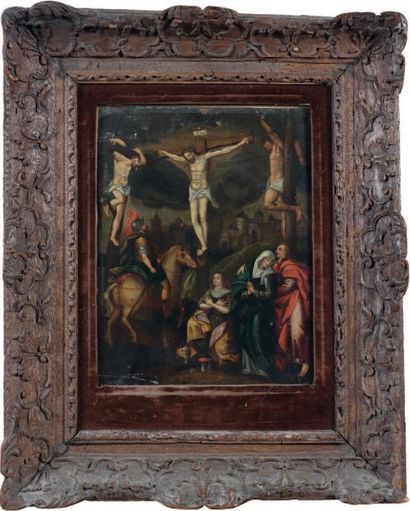 ÉCOLE FLAMANDE DU XVIIe siècle La Crucifixion, la Vierge, Saint Jean et Sainte Marie-Madeleine...