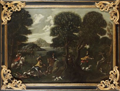 Dans le goût de l'ÉCOLE FLAMANDE du XVIIe siècle Scène de chasse huile sur toile....