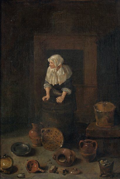 Atelier de Henrick SORGH (1611-1670) Intérieur de cuisine huile sur toile, rentoilée....