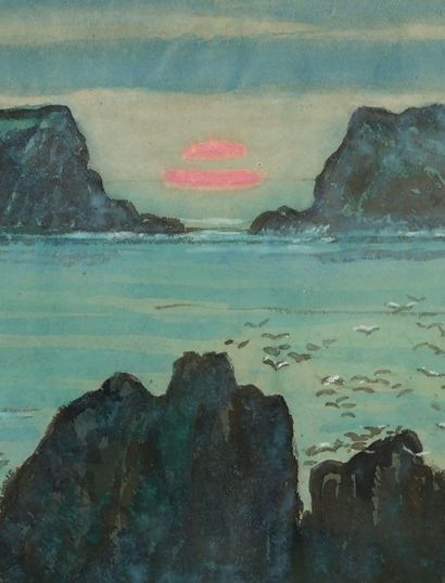 Jean Francis AUBURTIN (1866-1930) 
Belle-Île, soleil couchant sur Port Goulphar
Gouache,...