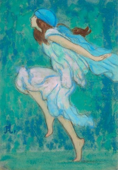 Jean Francis AUBURTIN (1866-1930) 
Danseuse au turban bleu
Gouache sur traits de...