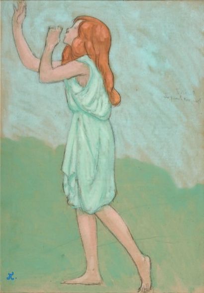 Jean Francis AUBURTIN (1866-1930) 
Danseuse en tunique turquoise
Gouache sur traits...