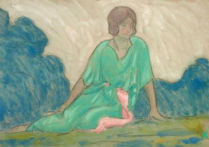 Jean Francis AUBURTIN (1866-1930) 
Isadora Duncan assise
Gouache sur traits de crayon,...