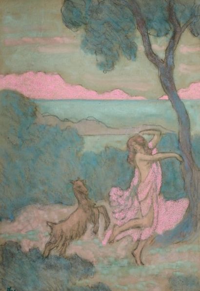 Jean Francis AUBURTIN (1866-1930) 
Danseuse et chèvre
Gouache rehaussée de pastel...