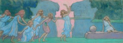 Jean Francis AUBURTIN (1866-1930) 
Au bord du lac, faunesse et danseuses
Gouache...