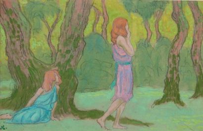 Jean Francis AUBURTIN (1866-1930) 
Deux jeunes filles à l'ombre des chênes
Gouache...