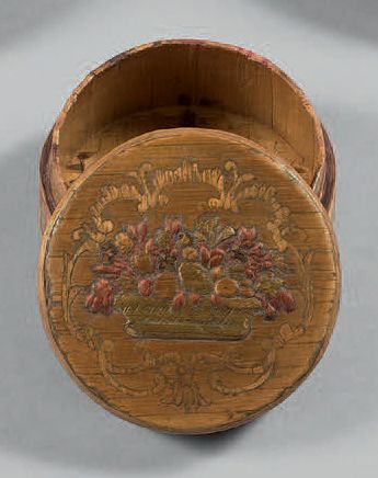 null Boîte ronde ornée d'une corbeille de fruits polychromes et gaufrée.
XVIIIe siècle.
Hauteur:...