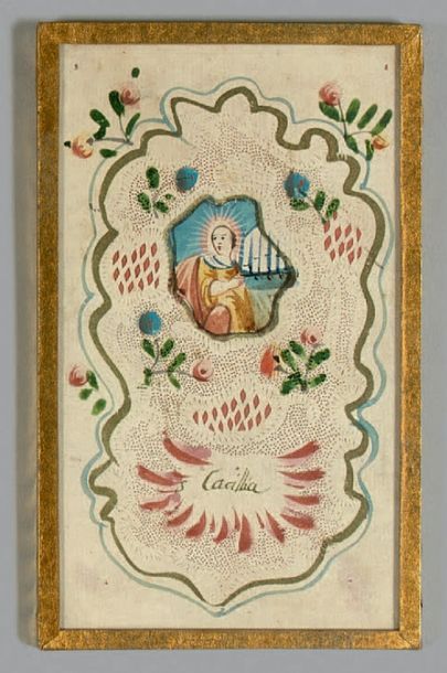 null Deux petits canivets polychromes figurant
Saint André et Sainte Cécile.
Fin...