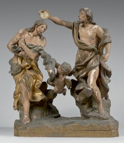 null Statue en bois polychrome sculpté d'une scène avec le baptême du Christ par...